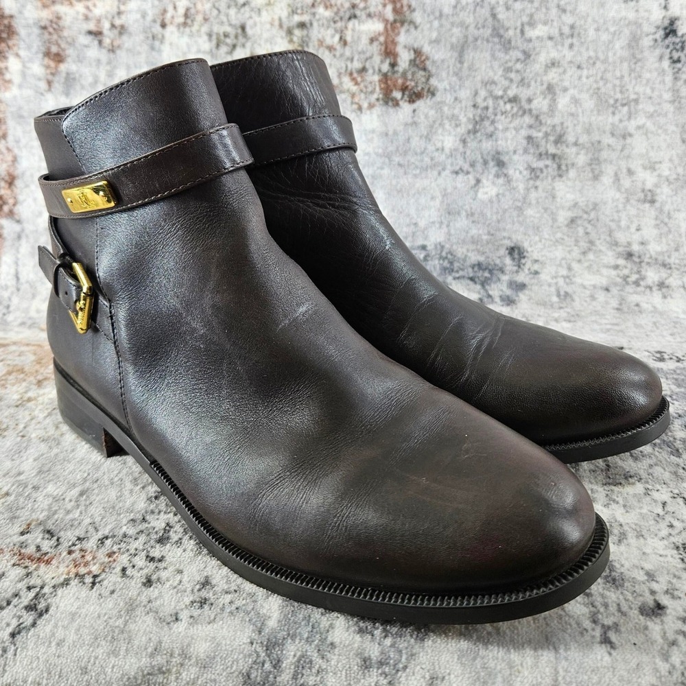 Lauren Ralph Lauren Borgia Ankle Boots Women 8.5 B Brown Leather Gold Buckle Zip